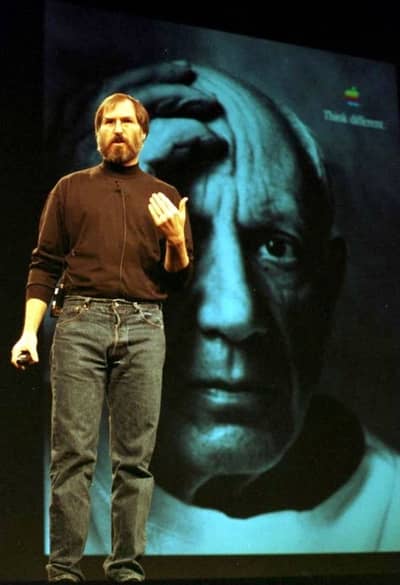 6 Jan 1998 - Steve Jobs in front of a Think Different ad featuring Pablo Picasso, Macworld SF 1998